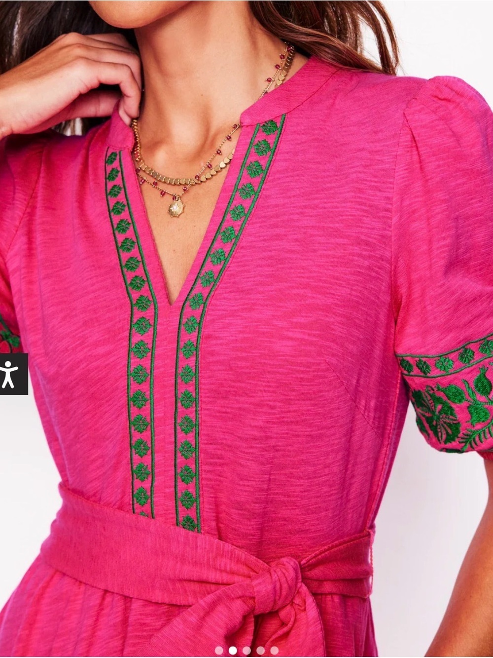 Boden Hot Pink puff sleeve belted Maxi Dress Green Embroidered Trim boho NWOT - Picture 2 of 6